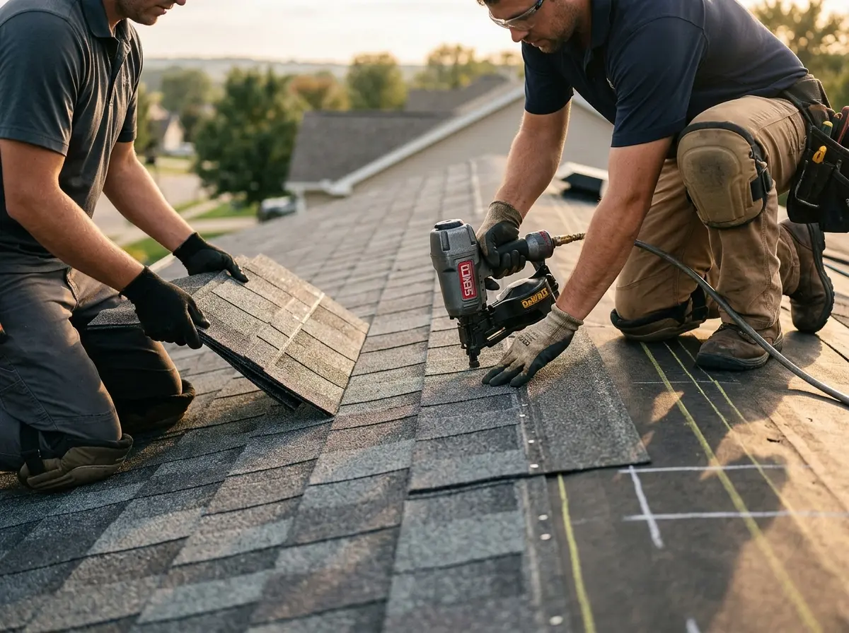 Professional roofer working on a residential roof in Glen Allen